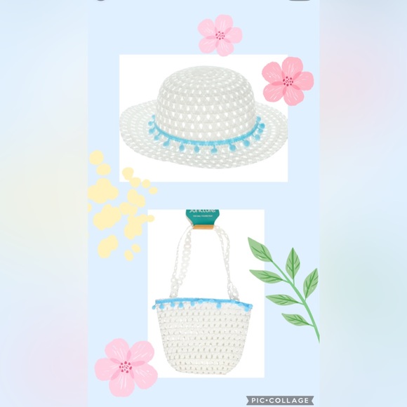 New Juncture Girl’s Matching White with Pom’s Straw Hat & Tote Bag - Picture 1 of 6